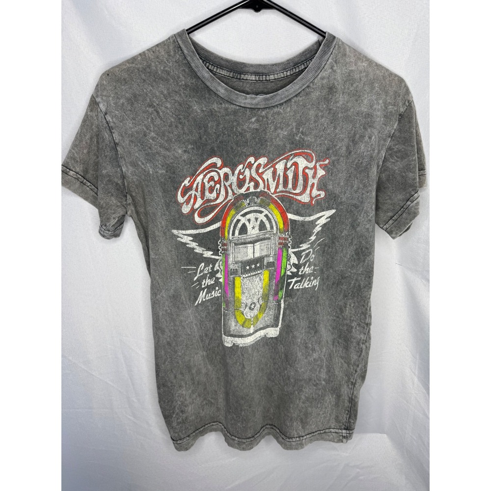 Aerosmith Graphic T-Shirt Grey Acid Wash Jukebox Let the Music Do the Talking S